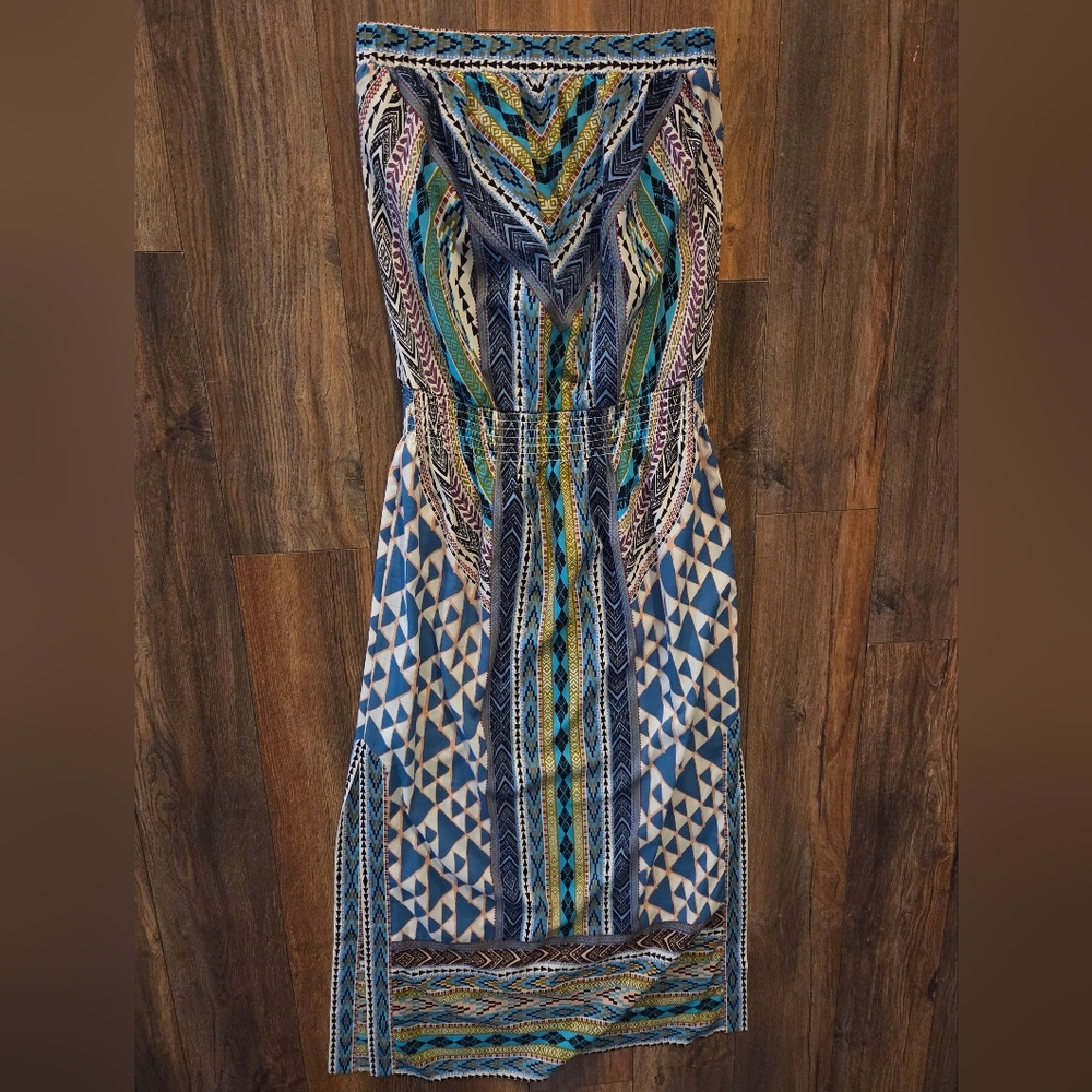 Hale Bob Strapless Goddess Geometric Flowy Maxi Dress